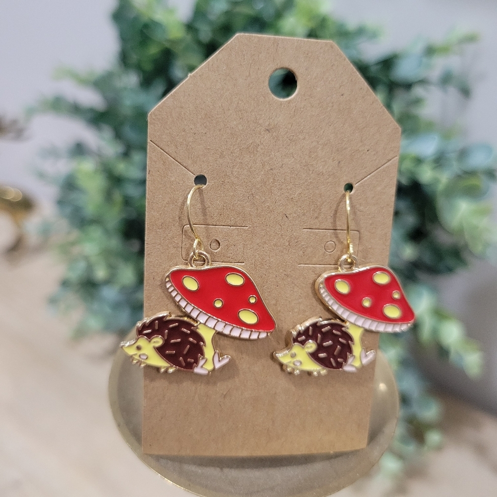 New 18k Gold Plated Cute Mushroom Hedgehog Forest Enamel Earrings Gift